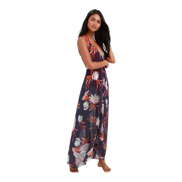 Lulus “Lush Tropics” Navy Blue Floral Print Sheer Maxi Cover-Up Dress Small - Picture 1 of 15
